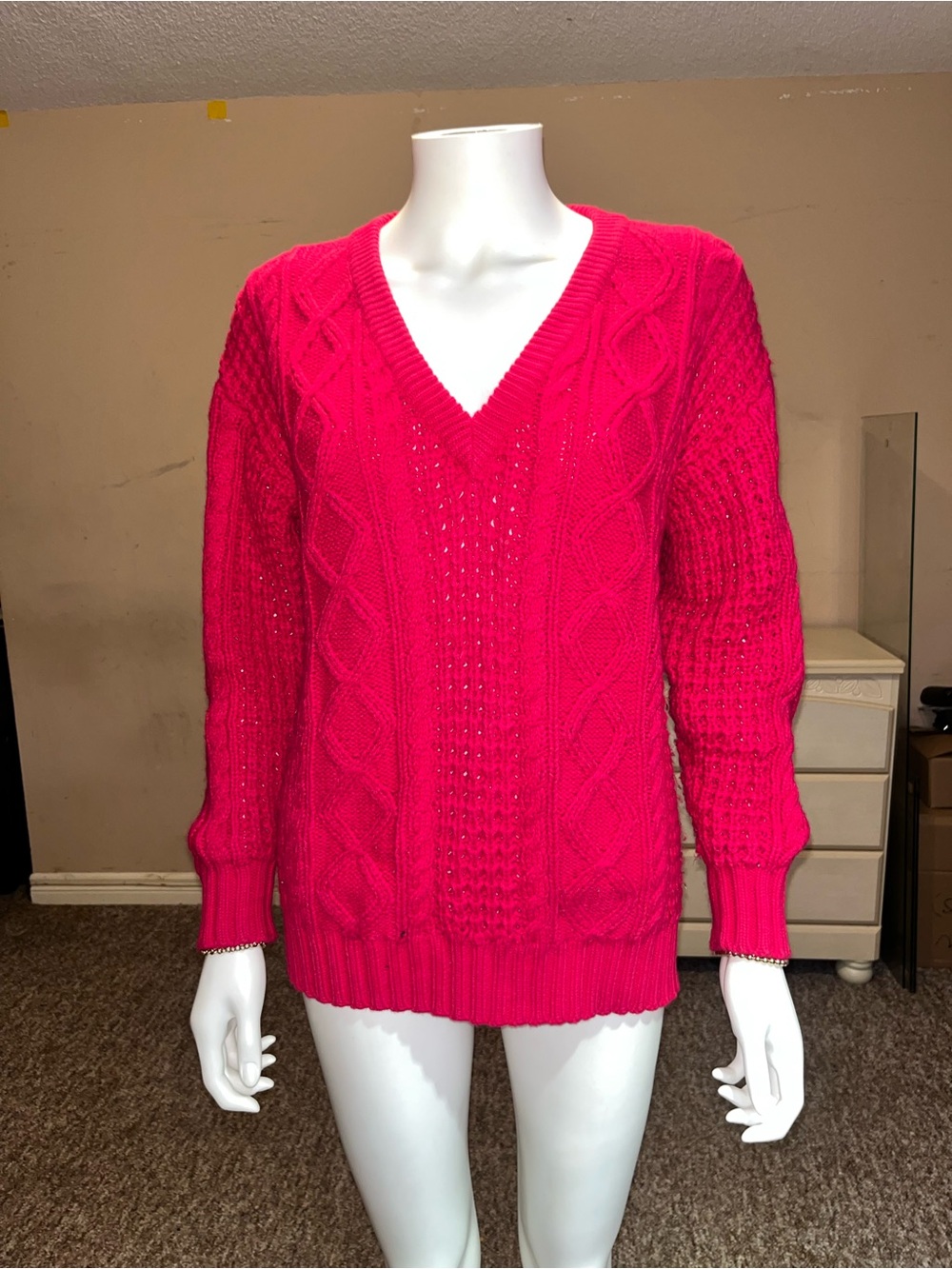 Women's V-Neck Cable Knit Sweater - Hot Pink